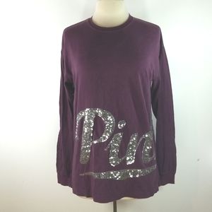 PINK Victoria's Secret Plum Long Sleeve Campus Sequin Tee Shirt size XSmall